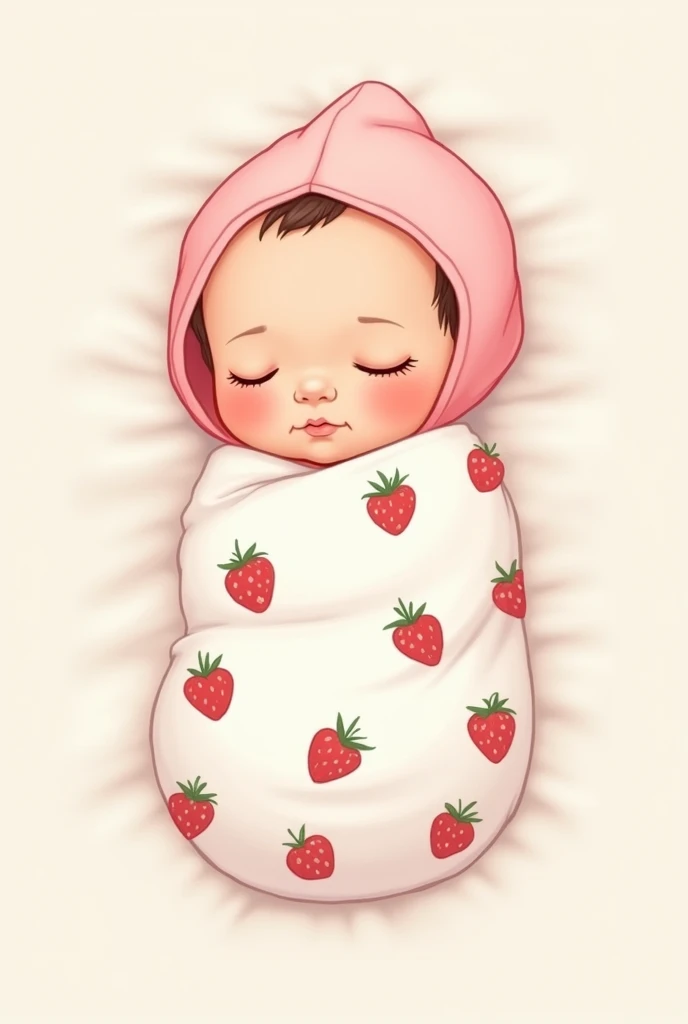 1 newborn baby wearing a light pink plain hood, covered with a white blanket with red strawberry pattern, lying with eyes closed sleeping but smiling slightly. Baby lying horizontally in the photo, person facing up but head on left side and face turned towards camera Drawn in cute chibi cartoon style