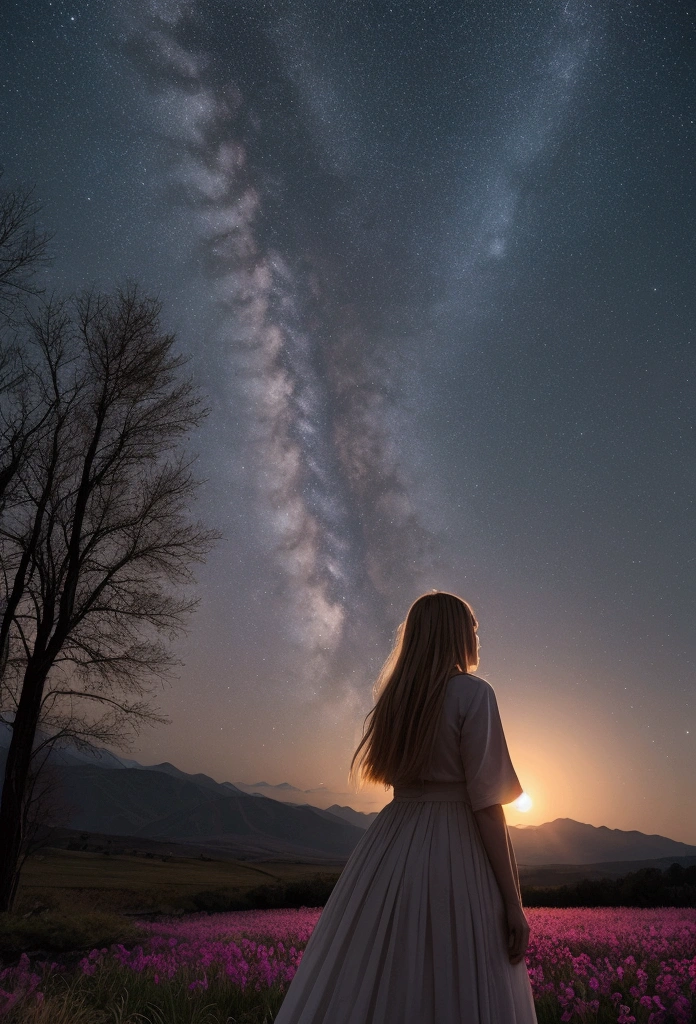 Extensive landscape photos，（Look from the bottom up，Above is the sky，The following are open areas），Girl standing in the flower field looking up，（full moon：1.2），（meteor：0.9），（nebula：1.3），mountains in the distance, Artwork made from broken trees，（Warm light source：1.2），（firefly：1.2），lamp，Lots of purple and orange，intricate details，Volumetric lighting，RealismBREAK（masterpiece：1.2），（best quality），4K，Very detailed，（Dynamic Association：1.4），Very detailed，colorful detailed，（Rainbow Colors：1.2），（Luminous lighting，mood lighting），like a dream，magic，（alone：1.2）
negative label