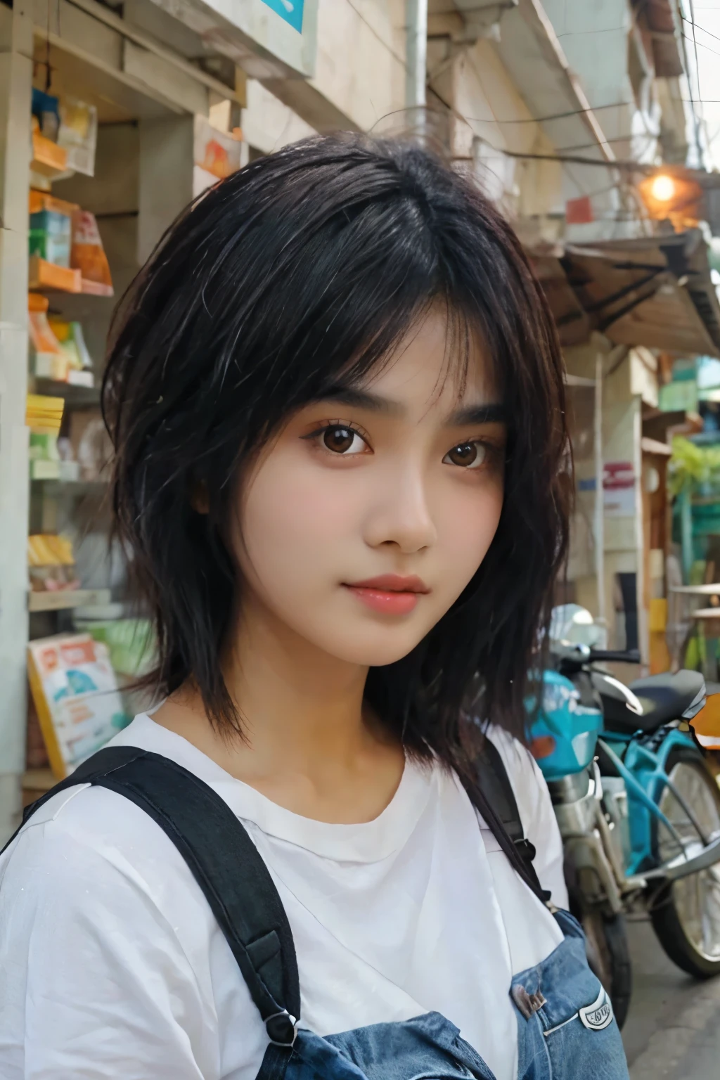 Indian-thai girl 18yr beautiful face with short black hair detail face fair skin wearing casual clothes, realistic ultra realize