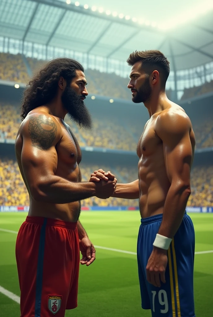 A strong hairy Iranian football player with very hairy chest hair bearded, wearing no shirt, black shorts and red socks and black boots, shaking hands with a Brazilian soccer player, sem beard, wearing no shirt, White shorts, white socks and white boots, on the lawn of the large football stadium full of people.