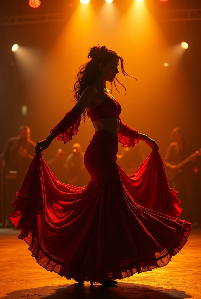 Generate me a video of a gypsy woman dancing flamenco with music
