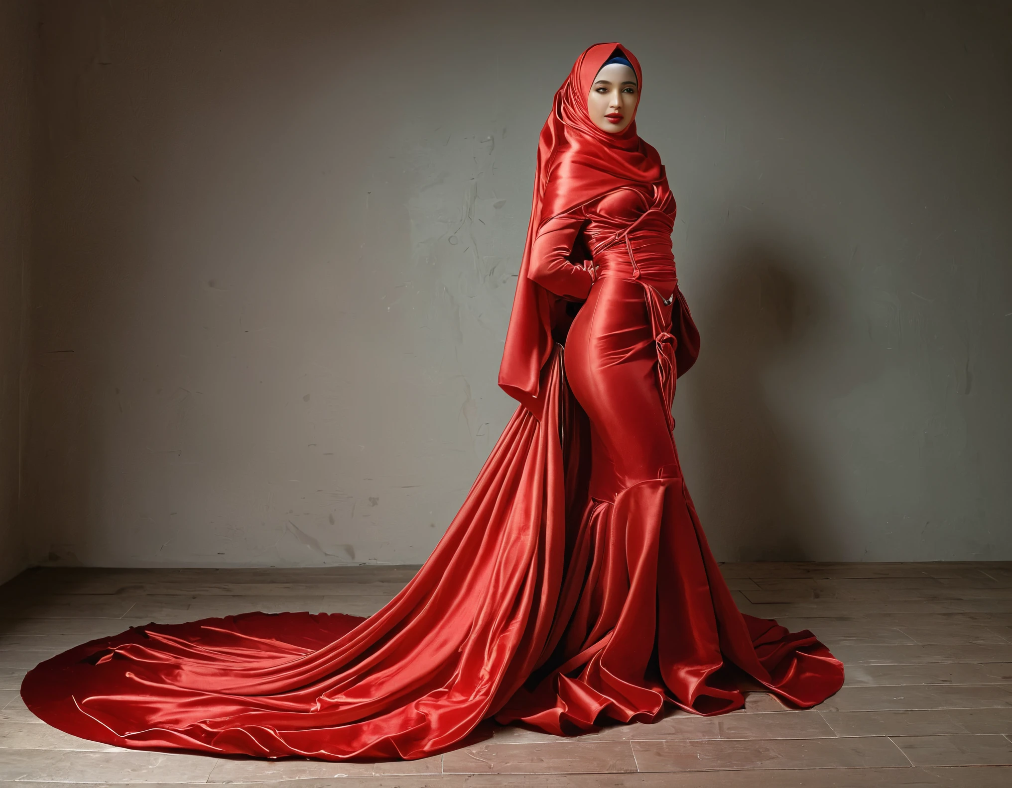 A woman shrouded in a 10-meter-long, plush red satin cloth, tight from the waist to the thighs, tightly bound and grandly draping along the form of her body, flowing off into a pooled floor-length train, styled in a mermaid-inspired outfit, her head modestly veiled in a satin hijab, 185 height woman, walk in photo studio, a full-body pose conveying a sense of elegance, captured in a 4k resolution, ultra-realistic