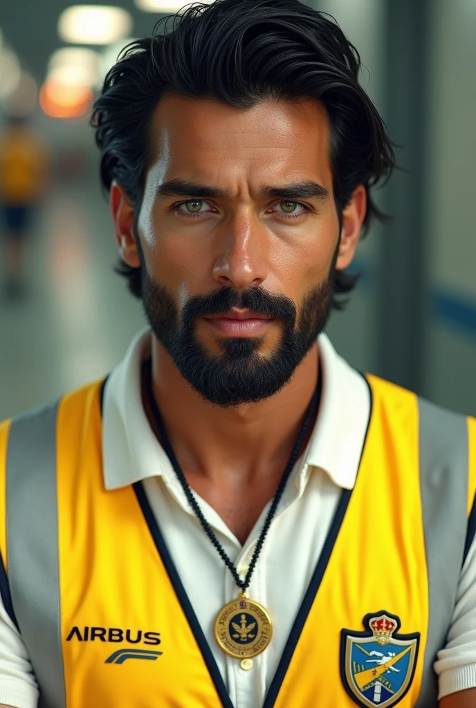 (photorealism:1.2), beautiful tanned man, Brazilian, green eyed, black hair with a little beard, in a white polo shirt and a yellow high visibility Airbus vest, a badge around the neck with an airbus in the background