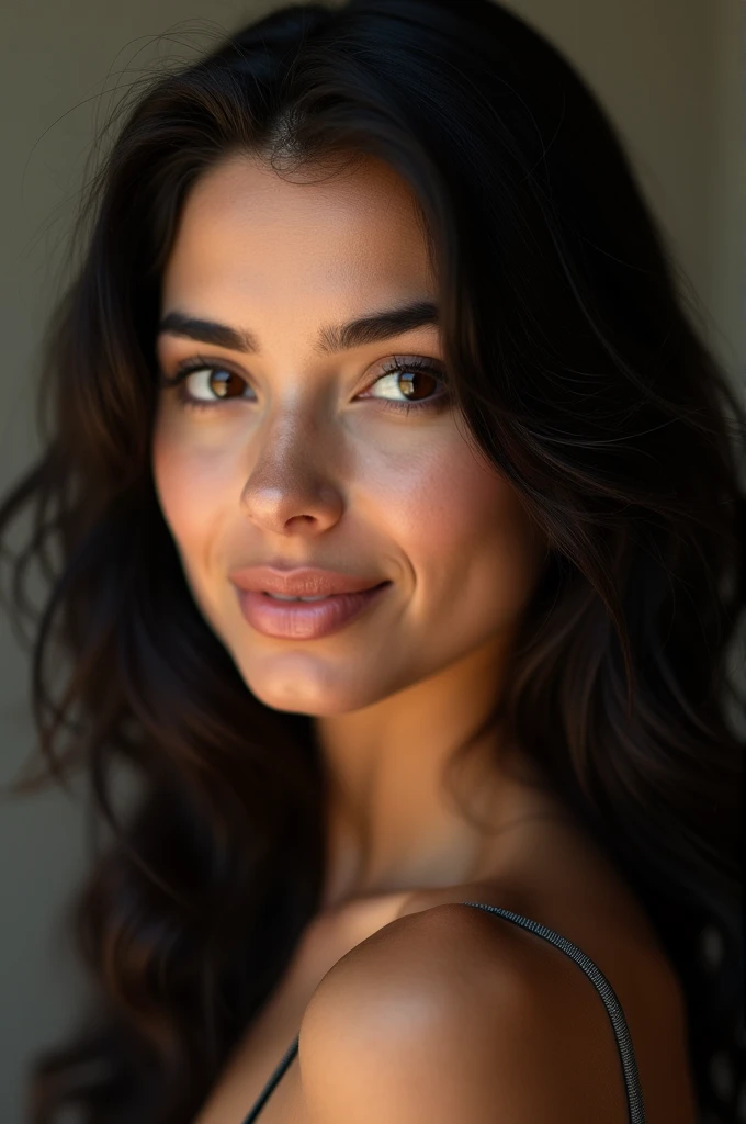 Portrait d’une belle femme mature avec une belle une belle femme brune avec une bouche souriante attirante des yeux marron avec des cheuveux assez long noir avec un regard attirant