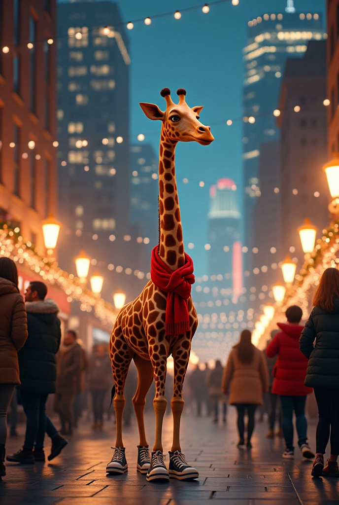 At 6 PM, the city sparkled with Christmas lights and excitement. Gerry the giraffe, wearing a red scarf and tennis shoes, strolled down Fifth Avenue to an extravagant party atop a skyscraper. His arrival drew amazed gasps from the crowd. At the party, Gerry delighted in a carrot cake, his long neck swaying with joy. As the night deepened, Gerry’s presence made the holiday celebration unforgettable, merging festive magic with an extraordinary guest.