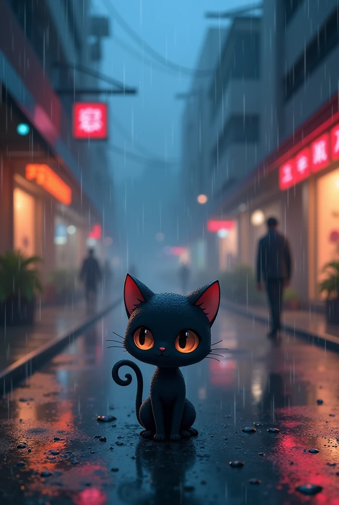 Anime style digital art cute black cat abandoned in the streets in rain