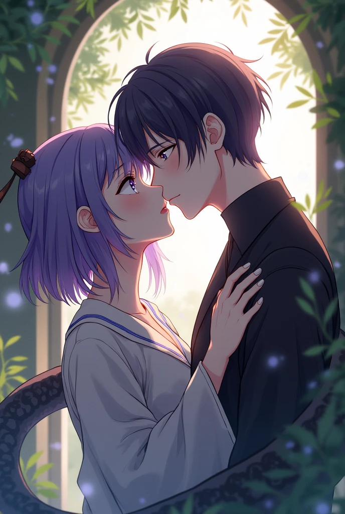 Kocho Shinobu from Demon Slayer kissing Iguro Obanai from the same anime.