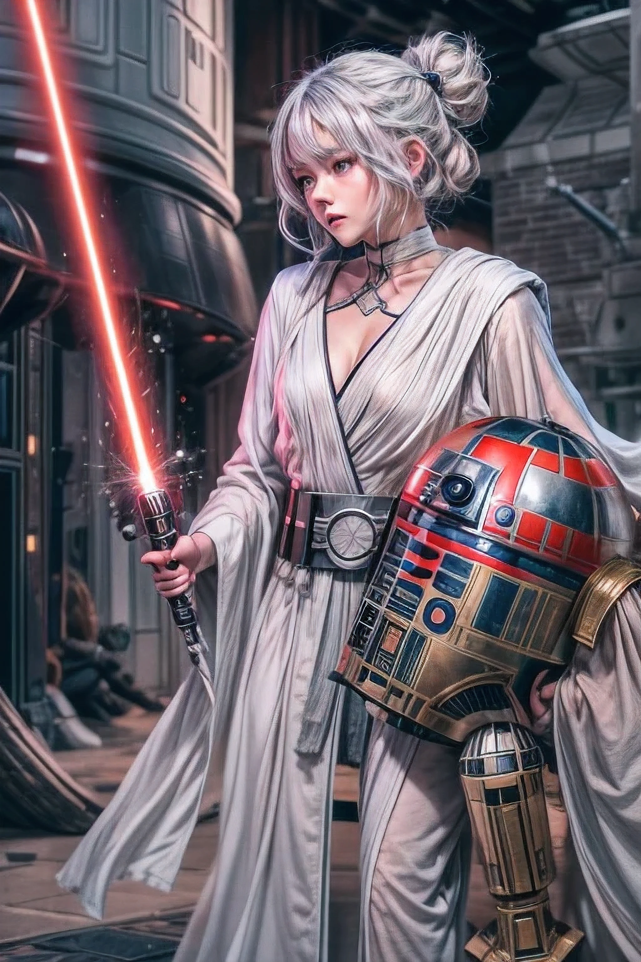 Star Wars、8k.Half Russian and half Japanese、Russian face、beautiful girl、PRİNCESS、、Small face、Young face、Big eyes、Skinny、Small breasts、(((Silver Hair、Silver Hair)))、With bangs、(((High resolutionの大きな美しいライトブルーの目, )))、Shortcuts、Bobcut、、sf,Fantasy、Fight, Jedi vs. Darth Vader, Lightsabers, Combat on the Death Star, High resolution, yoda, detailed, R2d2,C3PO、Death Star、Fight with Darth Vader in Lightsabers