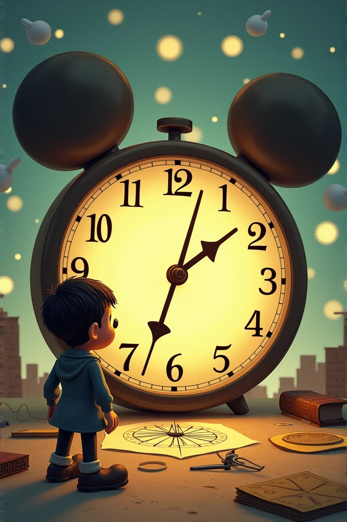 Mickey Mouse watch: Draw Mickey Mouse's clock in the center of the drawing, with the clock in the foreground and clearly visible.Langdon's Face: Draw Robert Langdon as a small, friendly figure on the side of the clock, looking at him with an expression of reflection or admiration.Memory Fund: Draw a background that represents memories and connections. You can use thought clouds or bubbles around the clock that contain simple icons like a compass, an old book, and a map. These elements symbolize the mission and the past.Light rays: Add soft rays of light that emanate from the clock and reach the memory bubbles, symbolizing how the clock connects the past with the current search.