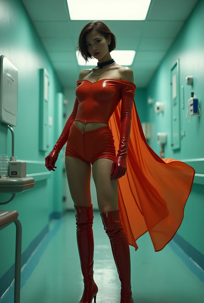 Masterpiece、Supergirl rubber suit、short hair、Red long rubber boots、Large and broad chest、looking at camera、choker、long-sleeved shirt、cape、short skirt、off shoulder、The skin sweats.、Nurse's room、Photo magazine cover、Show off your beautiful legs、Standing position、Knee-high boots、Wallpaper for PC、