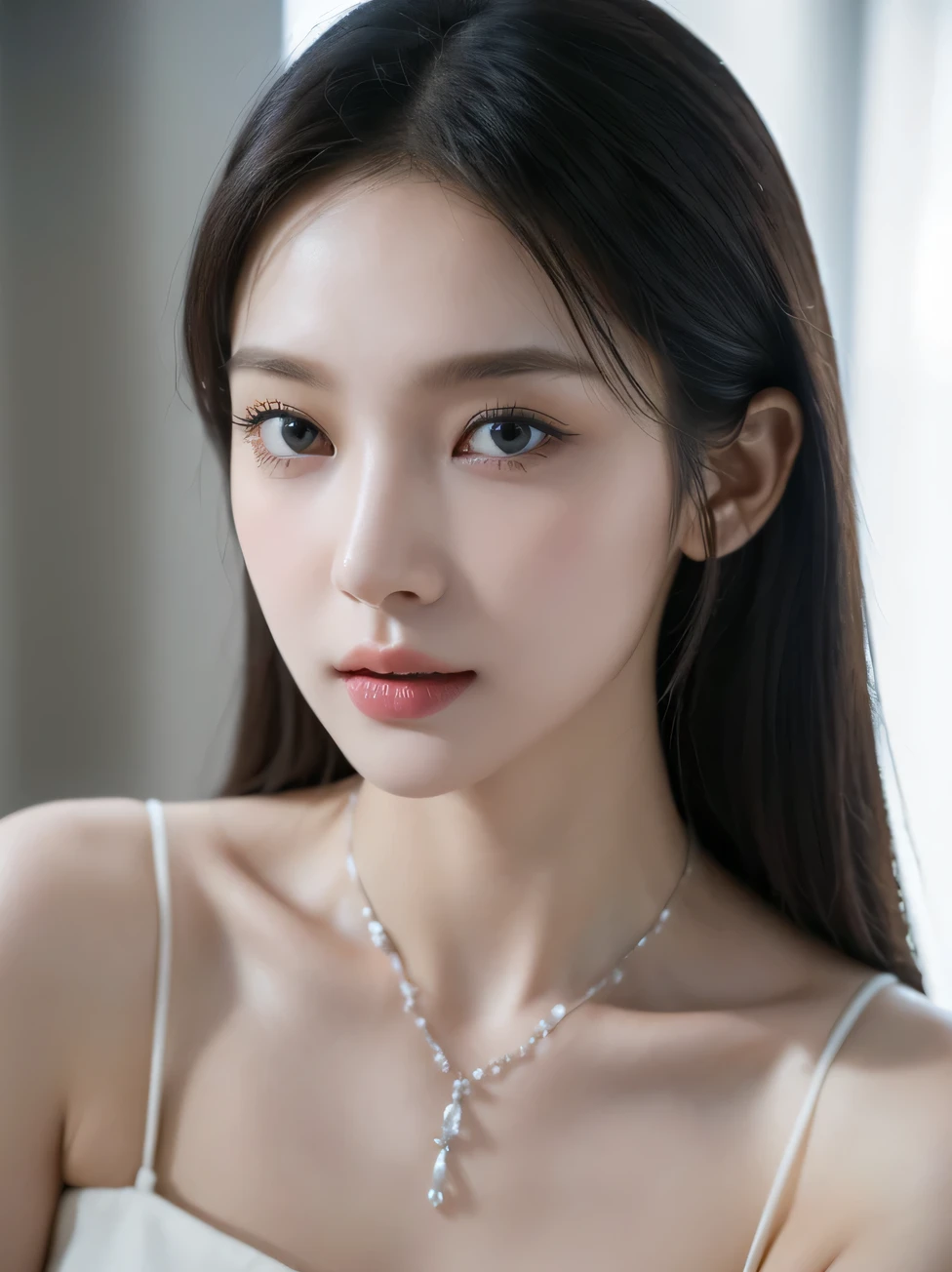 (best quality:1.2), (masterpiece:1.2), (8K:1.2), (intricate details:1.2), (cinematic light:1.2), (photorealistic:1.2), (raw, highres:1.2), (The image shows a close-up portrait of a young woman with striking features.), (She has fair, smooth skin with a very light makeup look that enhances her natural beauty.) (Her face is framed by dark, slightly messy hair, with a few strands falling over her face, giving her a somewhat effortless, yet elegant appearance.), (Her eyes are a light color, possibly a shade of gray or blue, which stand out against her delicate facial features. She has a neutral, slightly serious expression, with her lips slightly parted. A small beauty mark is visible on the side of her nose, adding a distinctive feature to her face), (She is wearing a thin strap, likely from a top or dress, and a delicate necklace, suggesting a minimalist and understated style.), (The overall lighting is soft, emphasizing the smooth texture of her skin and the subtle details of her face.), (The background is blurred, keeping the focus entirely on her face.)