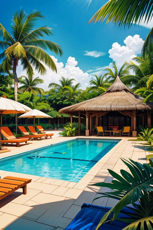 An illustration of a luxurious Pantanal resort at midday. The pool area is the focus, with a water slide and a swim-up bar. In the foreground, a toucan sits on a branch, while the pool is surrounded by tropical plants and comfortable lounge chairs under striped umbrellas.