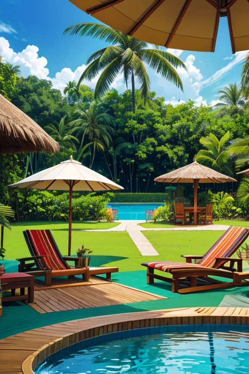 An illustration of a luxurious Pantanal resort at midday. The pool area is the focus, with a water slide and a swim-up bar. In the foreground, a toucan sits on a branch, while the pool is surrounded by tropical plants and comfortable lounge chairs under striped umbrellas.