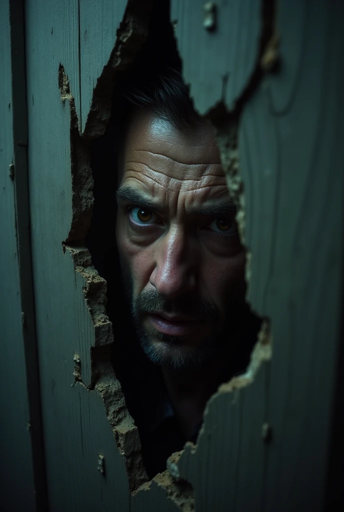 A man slowly leans forward, forcing his head through a jagged hole in the shattered door. The sharp sound of creaking wood is drowned out by the tension in the air.. Suddenly, in the oppressive silence of the moment, his eyes seem to shine with anger and palpable hatred. The fierce and murderous gaze is like a sinister flame in the dark, radiating pure evil. The figure's breathing is heavy and hoarse., echoing in the small space between the door. The fixed eye conveys a silent promise of violence. The unsettling glint in his eye, that seems to come from the depths of his corrupted soul, intensifies the terror of the environment, making the heart race and the skin crawl. In the narrow beam of light that passes through the hole, the distorted and partially hidden face reveals itself, but it's the eye, filled with an almost supernatural anger, that catches the attention, turning the moment into a living nightmare.