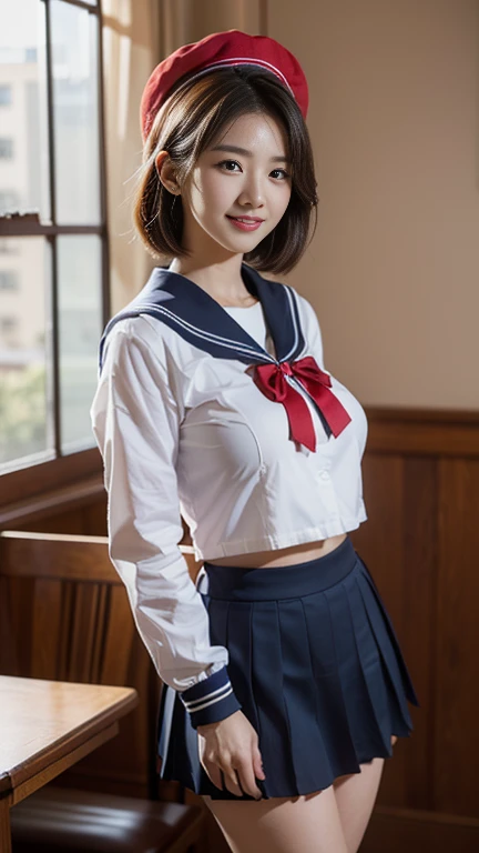 (A gorgeous Japanese idol, age 22, in a cafe, wearing serafuku, seifuku, school uniform, sailor moon, jk uniform, high-school uniform, pleated mini-skirt, red ribbon, red bowtie, sailor hat, knee high socks,
Easygoing expressions, kind smile, dimpled chins, cute snaggle-tooth, short bob hair ponytail, symmetrical face, realistic detailed face, beautiful detailed eyes, perfect body anatomy, hourglass figure, ample round bosoms, huge breasts,
Raw photo, photorealistic, realistic portrait, hyper-realism, high contrast, ultra HD, realistic skin textures, top image quality, top-quality, super high resolution, fine details, very meticulously, masterpiece, medium shot, close-up shot, cowboy shot, High Angle Shot, bokeh background, SFW, Safe For Work)