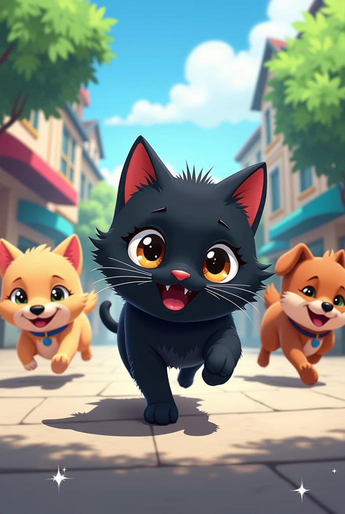 Anime style digital art cute black cat running from dogs