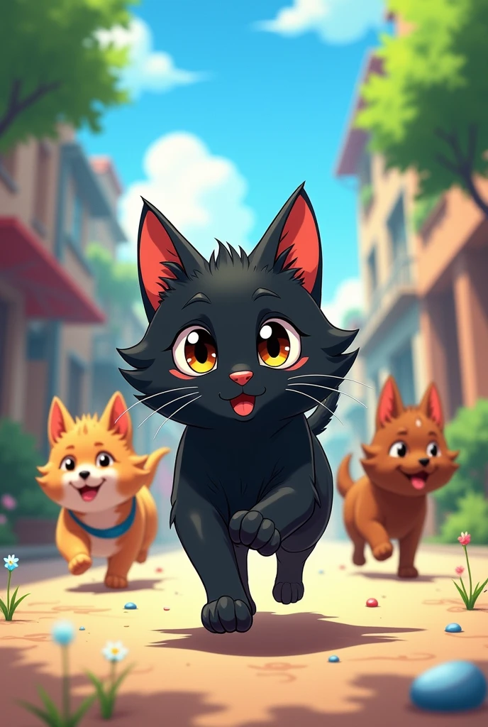 Anime style digital art cute black cat running from dogs