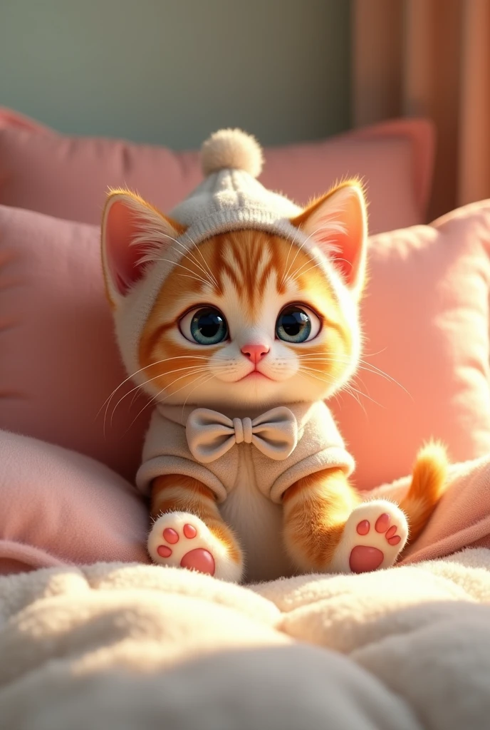 AI-generated little kitten lying on the bed、A Pixar-style image of someone looking very sick。 Kittens are adorable and fashionably dressed。