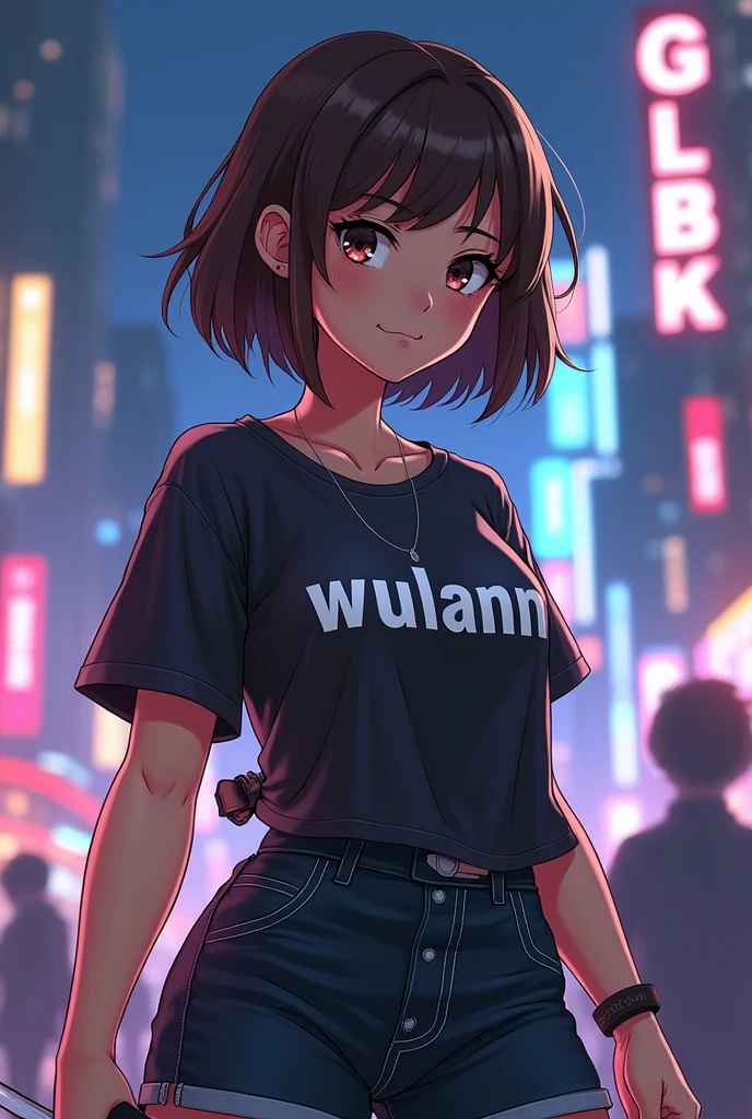 Create a character anime, {background: capital text: “GLBK” in right-top, night city}, tanned skin,
realistic, HDR, beautiful, japan style, full body, use deagger, age 20, t-shirt HD text: “Wulann”, female, short hair, brown hair, chubby, orange