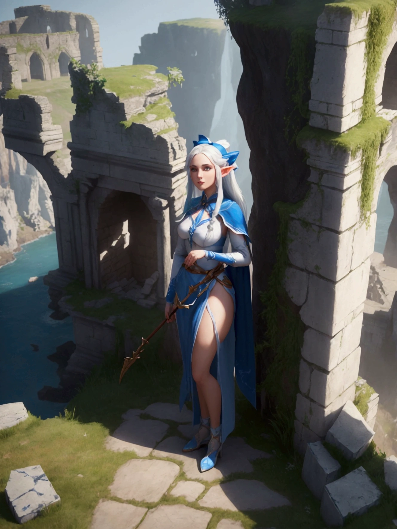 A full-body portrait of a very beautiful adult female elf wearing a blue and white outfit carrying a bow. The background is that she is standing at the end of a cliff and across it are the ruins of a magnificent castle. This scene is highly detailed and professional 3D digital art. Game art. 64k resolusi