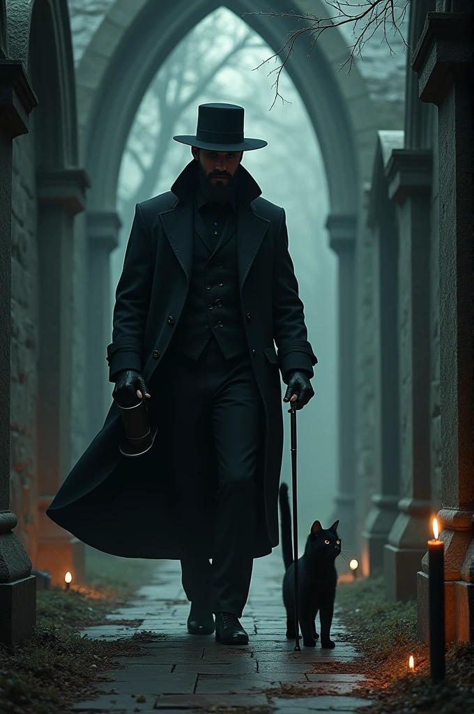 A tall, handsome man with a well-groomed black beard wearing black clothes and a stylish black hat, using a cane and holding his mug as he walks alongside his cat through the cemetery church.
Black candle on the floor and offering