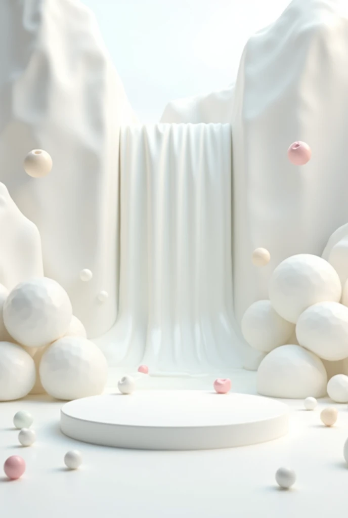 white podium in front of a white waterfall of white milk. Image should be 3d with candy round coconuts marshmallows flying round 