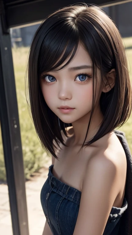 One girl　Russian　Flat Chest　Small Boobs　Mountain　blue sky　forest　Gravure pose　Young face　Completely naked　Firm Skin　Beauty　high resolution　High precision　Two-tone black and pink hair　　Detailed skin　16 years old　blue eyes　Detailed face　　whole body　smile　Bobcut