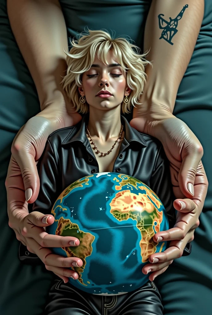 young rocker with short blonde hair doing therapy lying on a couch and this couch is on top of planet earth and has two hands hugging planet earth
