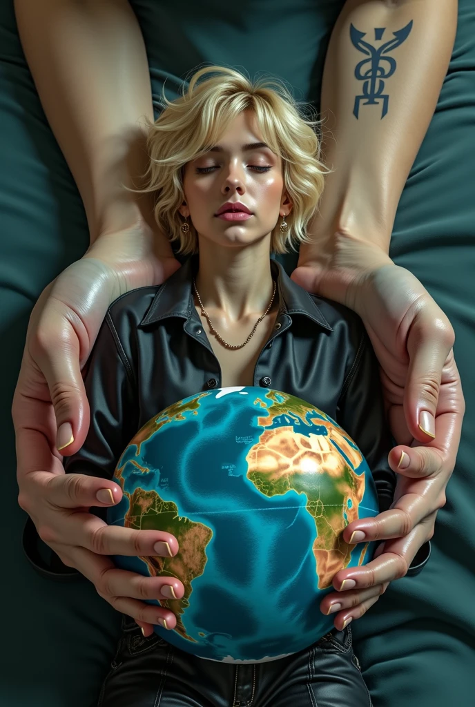 young rocker with short blonde hair doing therapy lying on a couch and this couch is on top of planet earth and has two hands hugging planet earth