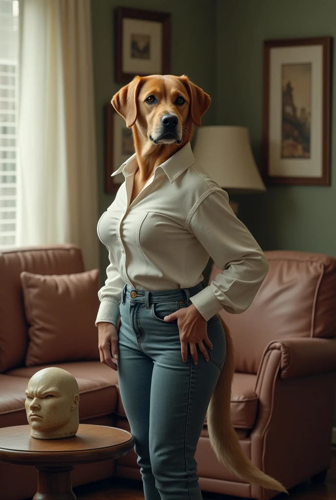 (Photo brute, best quality) , (realistic, photo-realistic: 1.4), extremely formidable general plan, masterpiece, ultra-detailed, high resolution, Meilleure illustration, best shadow, complexe, depth of field, magnifique femme berger allemand anthropomorphe elle marche sur ses deux pattes arrière (style très réaliste), elle à une fourrure orangé et noire, elle porte un jean bleu, chemise blanche, elle a une belle queue, elle est dans un salon, Style photoréaliste 8k, DSLR, high quality, (grain de film: 1.4), Fujifilm XT3,