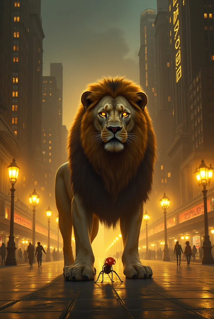lion and ant and golden colour and matel in city at night and public place