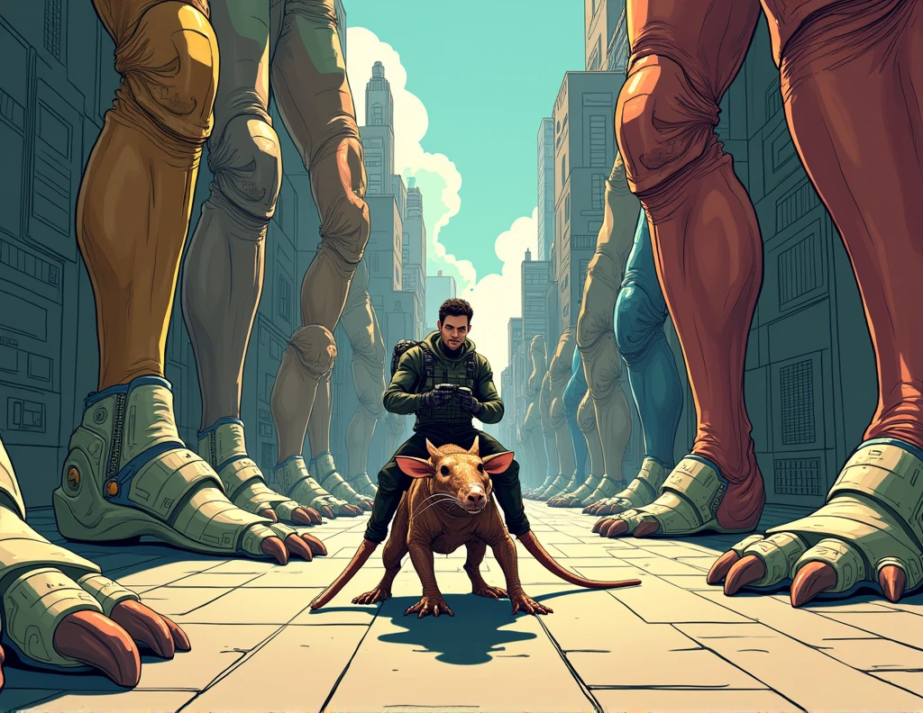comic book style, a man human, tiny in futuristic intergalactic agent combat clothing riding an alien rat, riding on a huge sidewalk. He dodges the feet of immense beings, gigantic, some are reptilian feet, other feet with futuristic boots, other claw-like feet with three toes, some hairy feet with claws