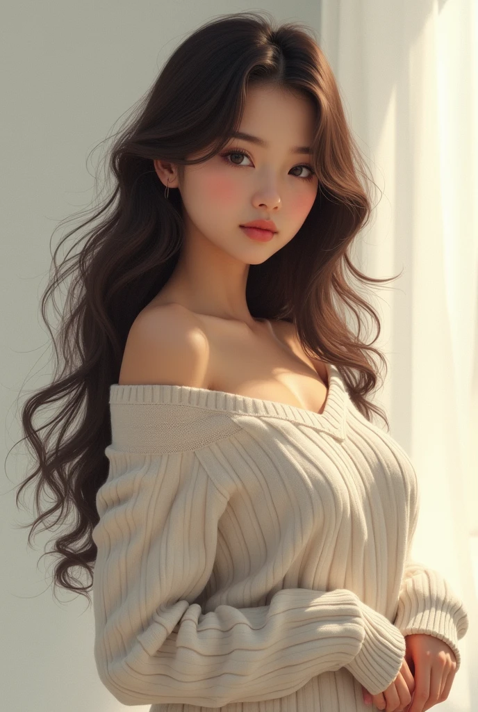 ((Best quality)), ((masterpiece)), (detailed), 1 girl, off shoulder sweater,