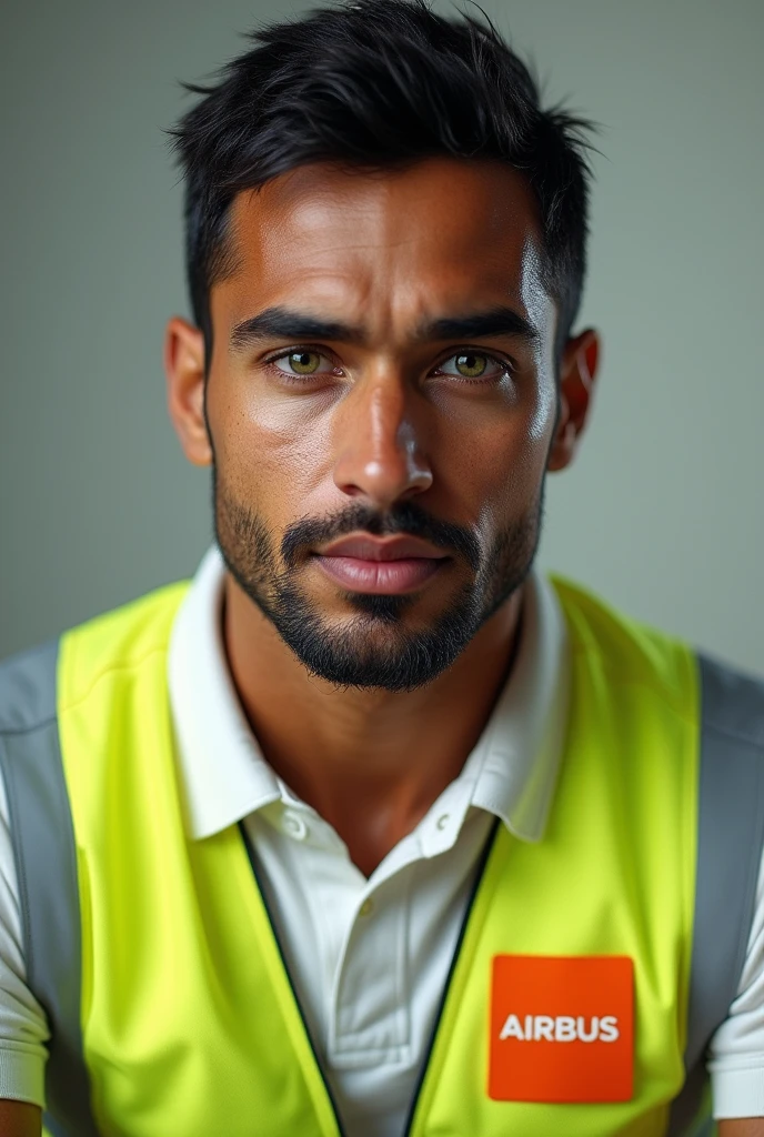 (photorealism:1.2), beautiful tanned man, Brazilian, green eyed, short black hair with a little beard, in a white polo shirt and a yellow high visibility Airbus vest, a badge around the neck with an airbus in the background