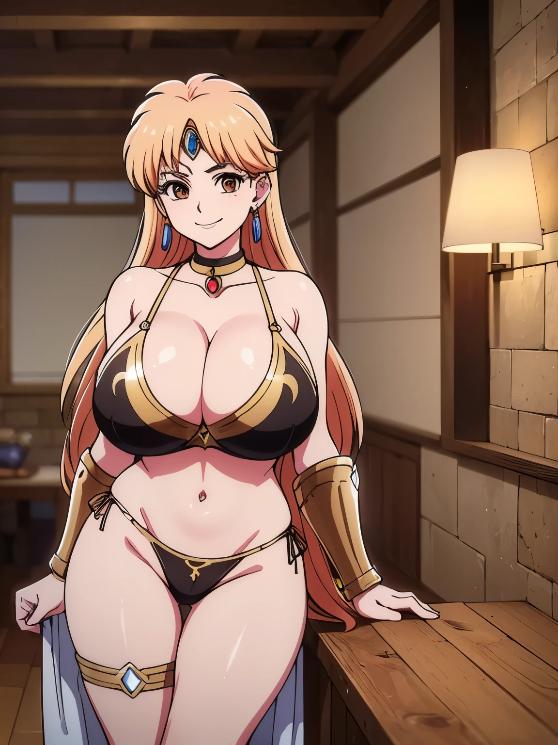 (masterpiece, highest quality:1.2), Ultra-high resolution), RAW Photos, Professional Lighting, Cinema Lighting, (1 girl), Leona, Dragon Quest:dai no daibouken, (blonde, Long Hair, Brown eyes, hair ornaments, bangs), (brass Circlet, choker, Earrings, super sexy bra:2.0, extremely wedgie & high cut sexy string panties:2.0, Golden collar, golden bracelet), earrings, (((ultra large natural breasts, Super huge tits, Super huge boob, Super huge cleavages))), (ultra realistic & detailed interior of medieval wooden motel in the village, bed, dark atmosphere, night, moon view via window, candle), (Ultra Slim Waist, Ultra slim model body style), Highly detailed face, Highly detailed eyes, standing, full body shot, smile,