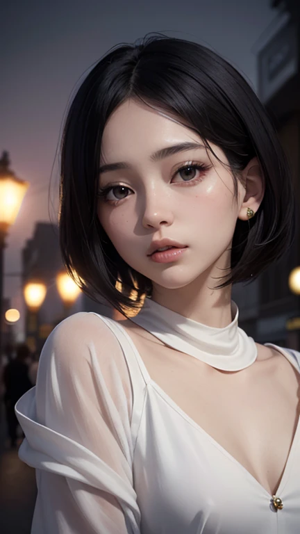 (Half Body Shot,Street lamp,moon),masterpiece, One Girl, Solo Exhibitions, Beautiful woman with small breasts, nightのビーチ, Beautiful Goddess Girl Portrait, Beautiful and elaborate face, Porcelain-like skin, (((Bust Shot, center, night, Black Hair, short hair)), Very soft lighting, Full Shot,Symmetric, complicated, Grace, Attention to detail, realism, art, concept art,White clothes