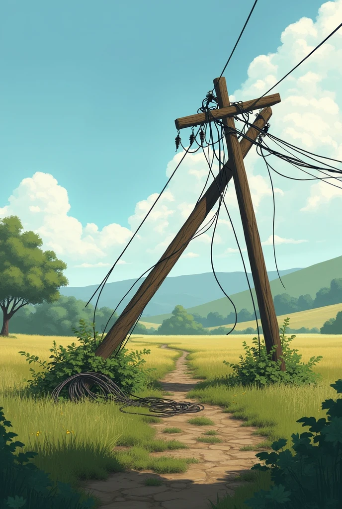 Fallen wooden electric pole in rural area