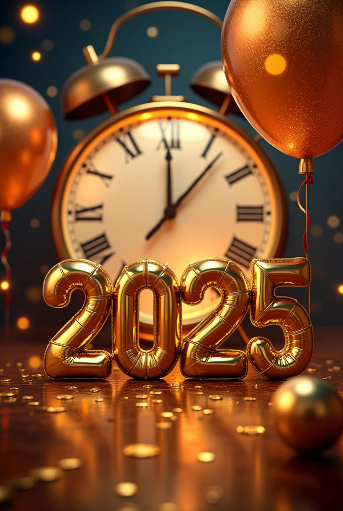 Generate me a flyer with golden numbers but balloons that are 2025 and a clock marking midnight behind it