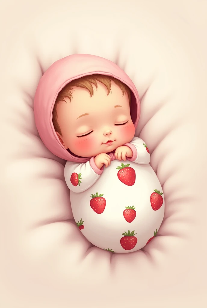 1 newborn baby wearing a light pink plain hood, covered with a white blanket with red strawberry pattern, lying with eyes closed sleeping but smiling slightly. Baby lying horizontally in the photo, Head on the left side and facing the camera drawn in cute chibi cartoon style