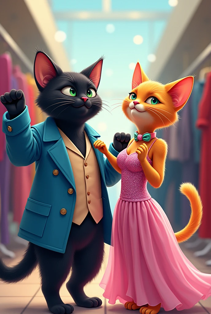 Image 5**: The scene shifts to the cats at a shopping mall. They are browsing through clothes, holding up different outfits. The black catwearing a blue jacket  is holding a fancy shirt, while the rainbow-colored cat wearing a pink grown is showing off a glittery dress.
