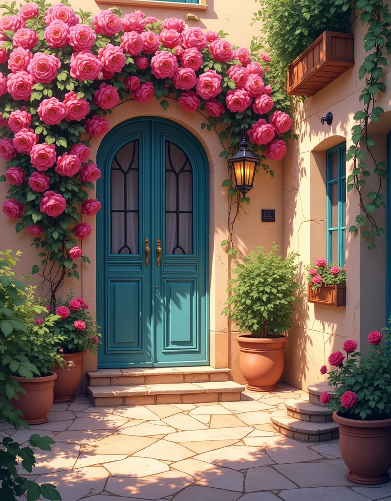 Create a highly detailed anime-style illustration of a charming, beautifully decorated house front in a bustling magical Mediterranean town. The house features an abundance of roses in full bloom cascading around the facade, adding a sense of enchantment and romance. There is a half-glass door at the entrance, framed by delicate pink flowers, and small stone steps leading up to the door. The stone pathway is adorned with flowers on either side, adding to the vibrant and colorful atmosphere. Hanging door lamps are gently glowing, providing a warm, welcoming ambiance. The scene is set in the golden hours of sunrise, casting a sunkissed glow across the walls and roses, enhancing the magical feel.
The illustration captures the essence of an ancient Mediterranean fisher village with narrow streets, textured walls, and rich details that highlight the town’s historical charm. The colors should be rich and picturesque, with a focus on warm tones, creating a cozy and inviting atmosphere. The artwork should be in UHD 4K resolution, showcasing intricate details like the texture of the stone pathway, the subtle variations in the flowers' colors, and the fine details of the hanging lamps. Emphasize the sense of warmth, peace, and beauty, reminiscent of a serene day in a small, enchanting Mediterranean city."