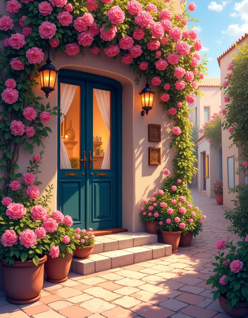 Create a highly detailed anime-style illustration of a charming, beautifully decorated house front in a bustling magical Mediterranean town. The house features an abundance of roses in full bloom cascading around the facade, adding a sense of enchantment and romance. There is a half-glass door at the entrance, framed by delicate pink flowers, and small stone steps leading up to the door. The stone pathway is adorned with flowers on either side, adding to the vibrant and colorful atmosphere. Hanging door lamps are gently glowing, providing a warm, welcoming ambiance. The scene is set in the golden hours of sunrise, casting a sunkissed glow across the walls and roses, enhancing the magical feel.
The illustration captures the essence of an ancient Mediterranean fisher village with narrow streets, textured walls, and rich details that highlight the town’s historical charm. The colors should be rich and picturesque, with a focus on warm tones, creating a cozy and inviting atmosphere. The artwork should be in UHD 4K resolution, showcasing intricate details like the texture of the stone pathway, the subtle variations in the flowers' colors, and the fine details of the hanging lamps. Emphasize the sense of warmth, peace, and beauty, reminiscent of a serene day in a small, enchanting Mediterranean city."