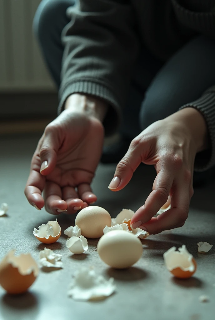 Create an image according to this text "All the eggshells are on the floor And I try, I'm trying to catch them But they break and disintegrate, It's too fragile for me to touch
All the eggshells are on the floor And I try, I'm trying to catch them But they break and disintegrate, It's too fragile for me to touch" but focusing on the person's hands