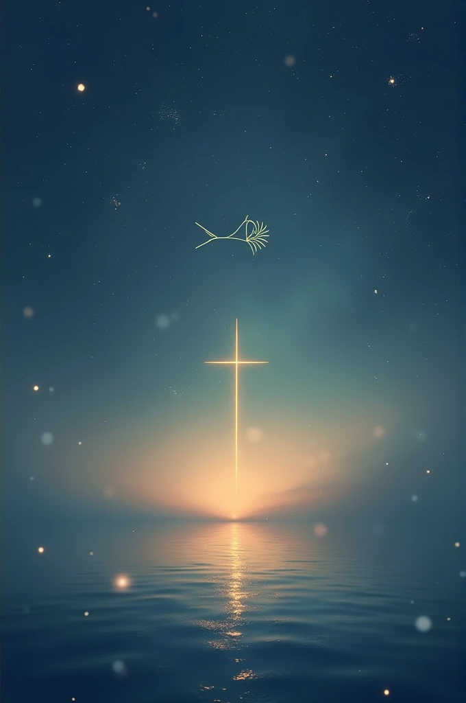 dégradé de couleurs douces, comme un mélange de bleu nuit et d'or, motifs subtils de constellations, poisson (Ichthys) et une croix stylisée