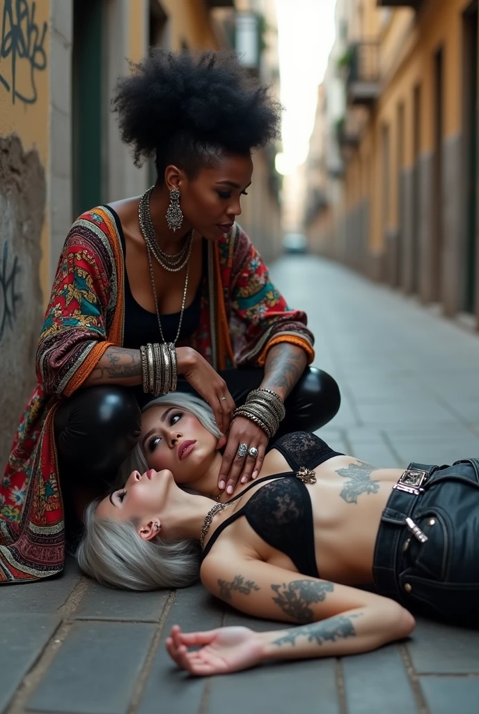 Three russian old milf women: the strong, muscular , dominant dark skinned gipsy woman (black afro, long african traditional colourful tunic, barefoot), squatting with possessive stance (arms around her two girlfriends' necks). At her feet, lying on the ground unconscious, piled up,her two caucasian girlfriends (pale faces, pale necks, pale chest, pale stomach, pale arms, pale hands, pale feet), weak bodies, light grey hair, submissive and needy, feeling defeated and needy, in laid back postures with hands touching their thongs or their necks or chest, different clothes but all wearing clothes in rock chic style. grey hair (bouffant, top bun, shaved sides). Big lips. Black lace push up bras, silicone breasts,, low rise skinny leather jeans. Both Barefoot.. Lots of thick wide studded bracelets, chain necklaces and big rings,. Long earrings with chains and feathers. Chains around their hips. Lazy, leaning back, laid back pose, separated legs. Neck tattoed, chest tattoed, stomach tattoed, feet, hands, arms and wrists heavily tattoed. Toned abdominals, thin neck, slim legs and thin arms. Narrow hips. Both, open legs. Full body. At a Madrid narrow street with graffitied walls.