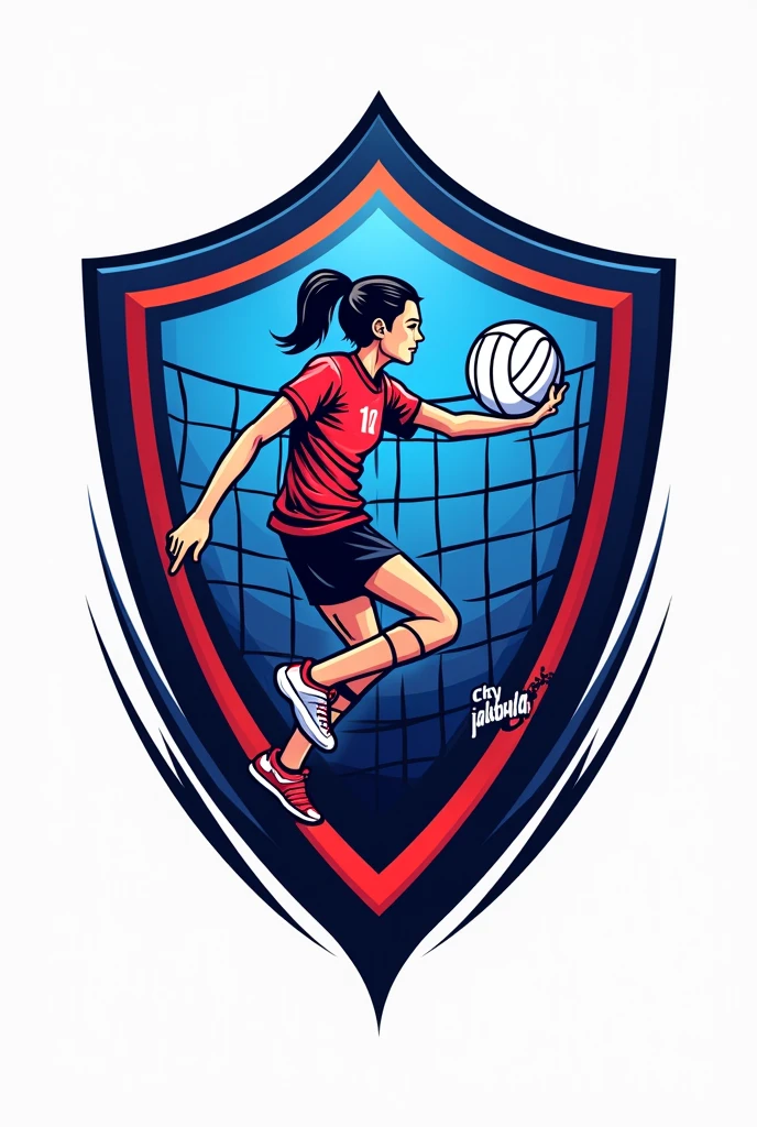 Volleyball shield and logo in blue colors, white and red with mesh and volleyball player that says Jakobiyan
