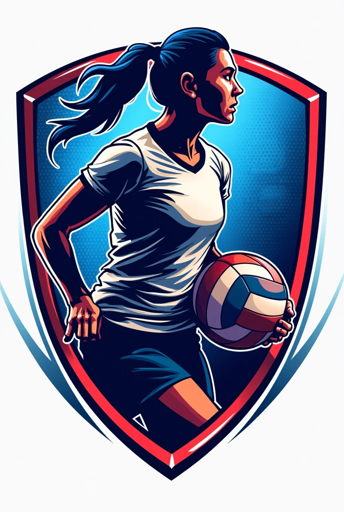 Volleyball shield and logo in blue colors, white and red with mesh and volleyball player that says Jakobiyan