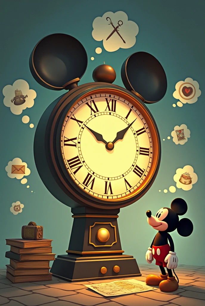 Mickey Mouse watch: Draw Mickey Mouse&#39;s clock in the center of the drawing, with the clock in the foreground and clearly visible.Langdon&#39;s Face: Draw Robert Langdon as a small, friendly figure on the side of the clock, looking at him with an expression of reflection or admiration.Memory Fund: Draw a background that represents memories and connections. You can use thought clouds or bubbles around the clock that contain simple icons like a compass, an old book, and a map. These elements symbolize the mission and the past.Light rays: Add soft rays of light that emanate from the clock and reach the memory bubbles, symbolizing how the clock connects the past with the current search.