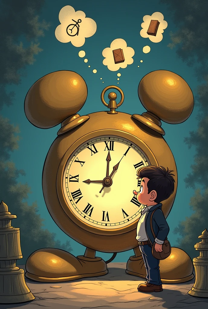 Mickey Mouse watch: Draw Mickey Mouse&#39;s clock in the center of the drawing, with the clock in the foreground and clearly visible.Langdon&#39;s Face: Draw Robert Langdon as a small, friendly figure on the side of the clock, looking at him with an expression of reflection or admiration.Memory Fund: Draw a background that represents memories and connections. You can use thought clouds or bubbles around the clock that contain simple icons like a compass, an old book, and a map. These elements symbolize the mission and the past.Light rays: Add soft rays of light that emanate from the clock and reach the memory bubbles, symbolizing how the clock connects the past with the current search.