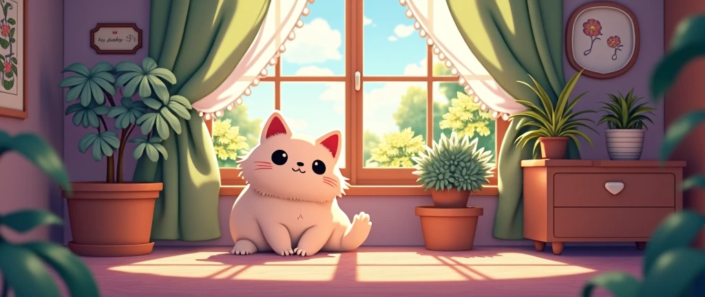 Cat, Cozy Anime,Lofi ,Ultrawide ,Ghibli vibes ,Wide view,Pupple Color Tones